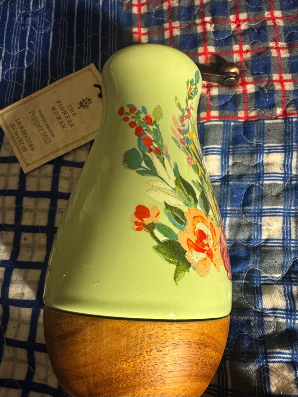 The Pioneer Woman Light Green Floral Pepper Mill with Wooden Base